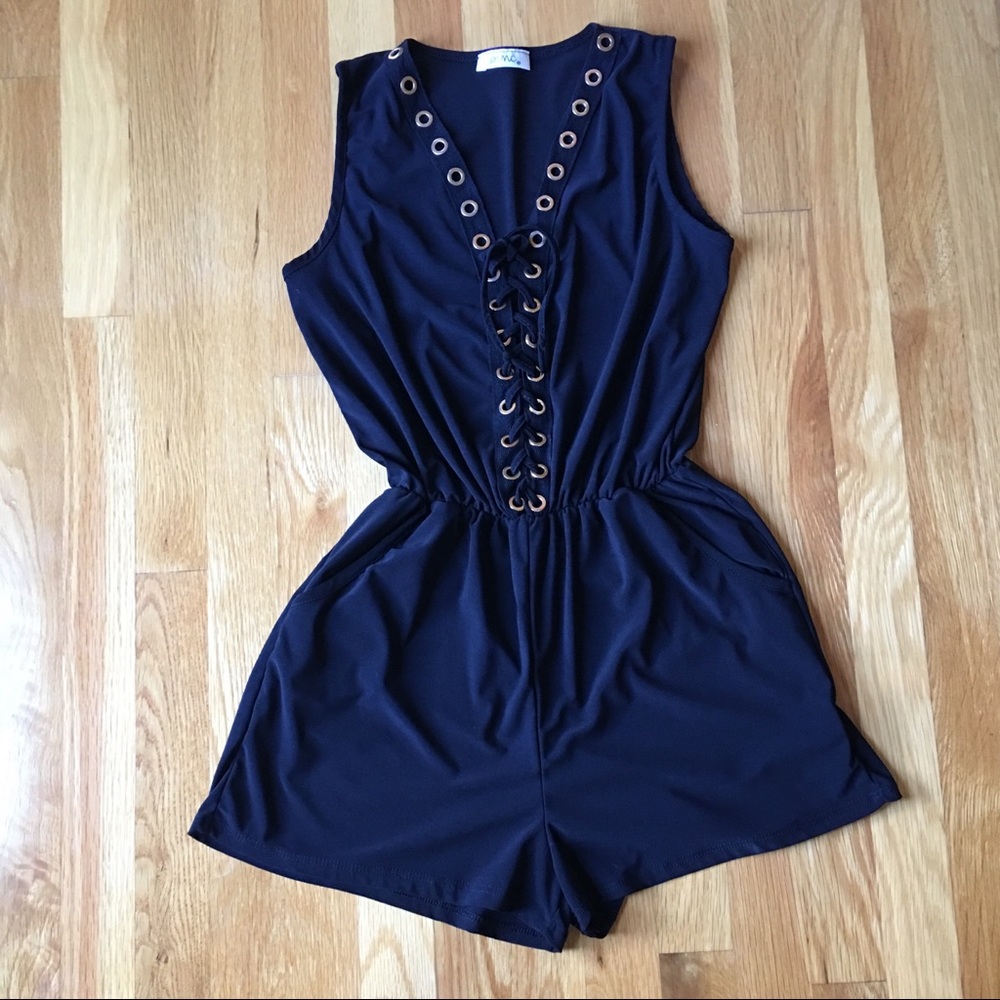 Grommet Lace Up Black Sleeveless Romper Sz S